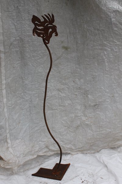 Wrought iron rooster sculpture on curved stem