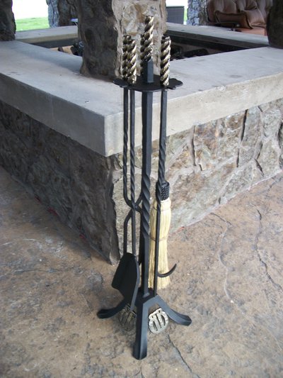 Wrought iron fireplace tool set with twisted handles