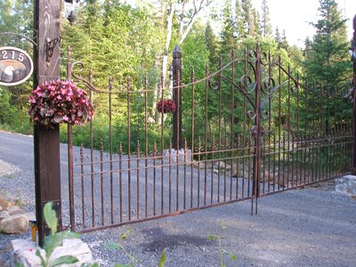 Wrought iron driveway gate with scrollwork
