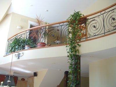 Mezzanine railing with spiral patterns and wood handrail